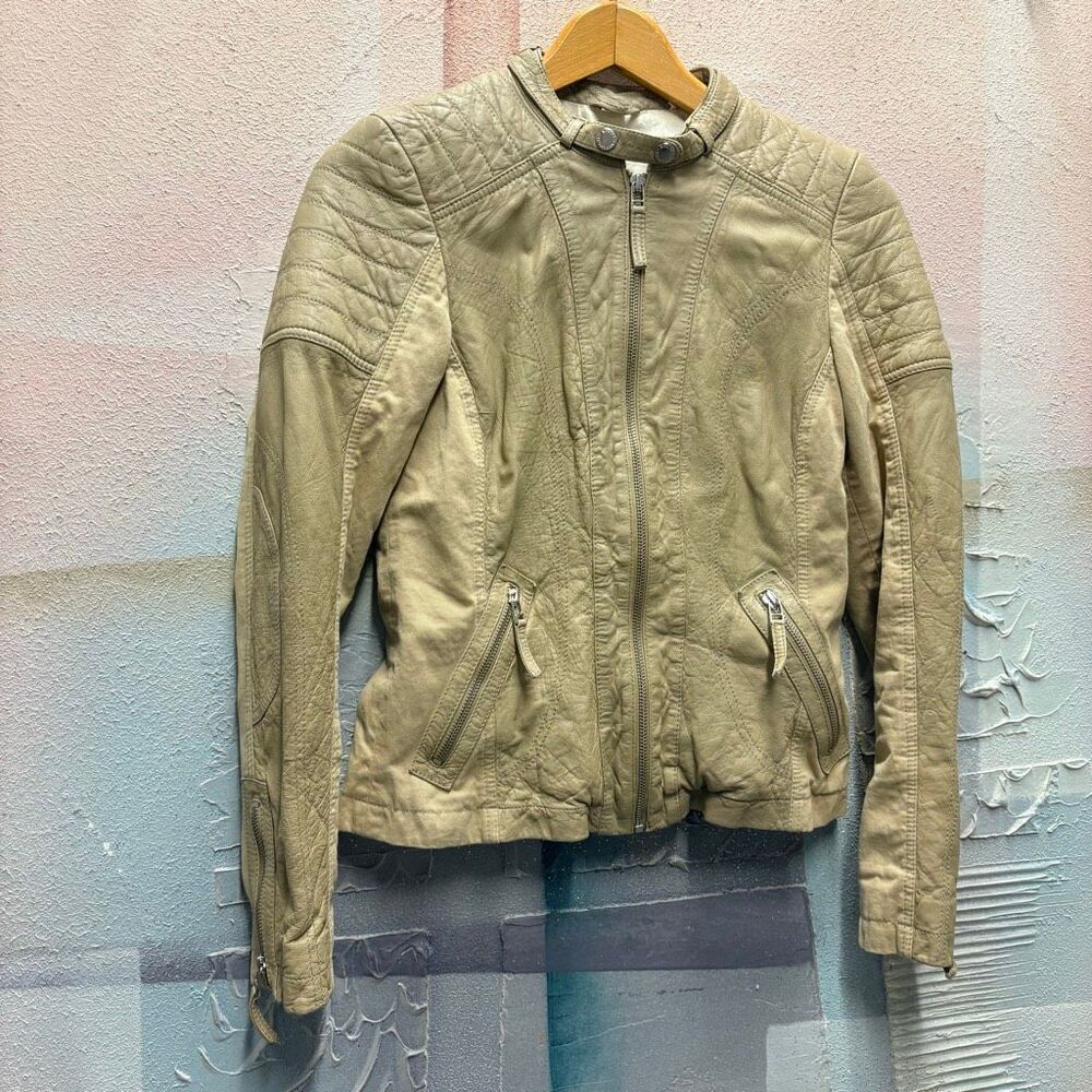 S. Oliver 4 Tan Leather Biker Jacket Indie Boho Chic Edgy Coastal Preppy Casual
